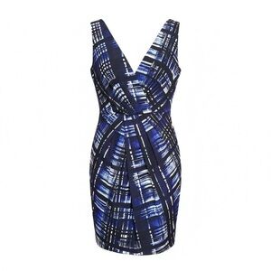 Banana Republic Fitted Asymmetric Design Faux Wrap Black Blue Silk Blend Dress 4